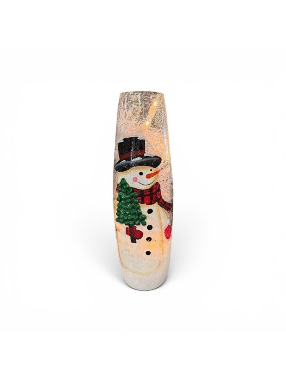 Snowman-Themed Crackle Glass Light-Up Vase